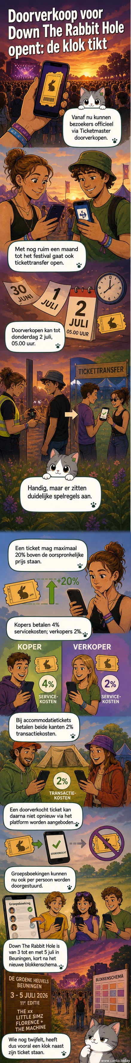Illustratie van een concertfestival met bomen, lichtjes en muziekact, met een doorgestreepte ticketresale-app op de voorgrond.