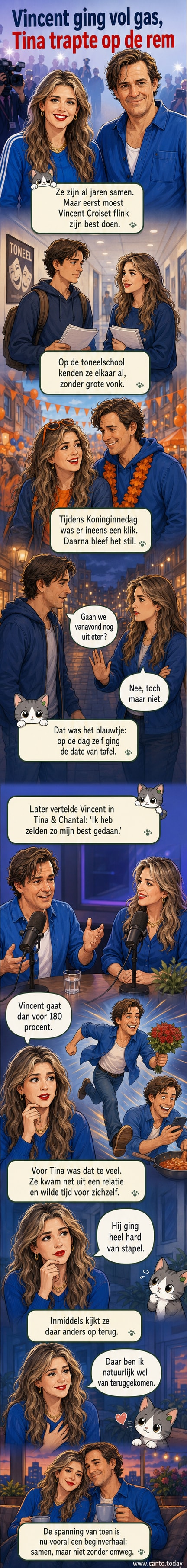 Illustratie van Vincent Croiset die Tina de Bruin aanspreekt op straat, met een lichte regenboog boven hen terwijl ze elkaar aankijken — een moment van eerste spanning in hun relatie.