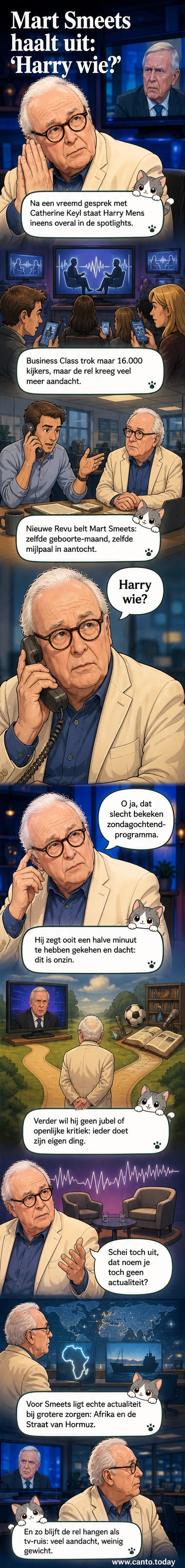 Twee silhouetten van oudere mannen aan weerszijden van een gespleten televisiescherm: links Mart Smeets met een krant, rechts Harry Mens in een studio, met een uitdrukking van afkeer ertussen.