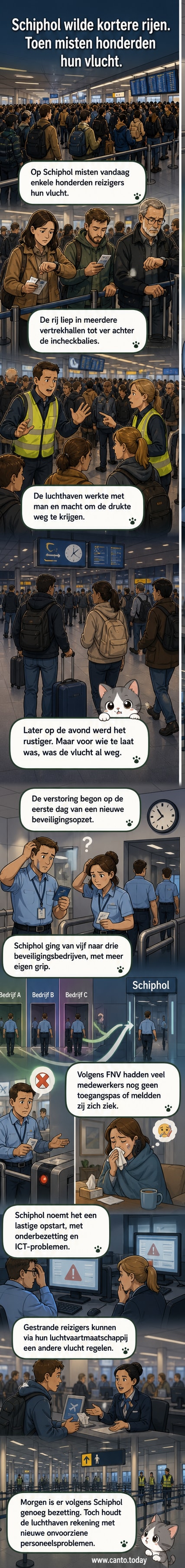 Luchthaven Schiphol met lange wachtrijen bij de veiligheidscontrole, reizigers kijken bezorgd naar borden met vertrektijden.