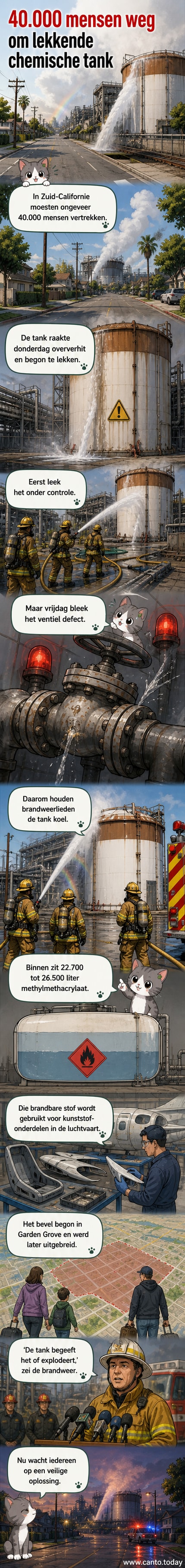 Illustratie van een rood-witte chemische opslagtank met waarschuwingstekens, omringd door lege straten en huizen, met brandweerlieden in de verte die water spuiten.