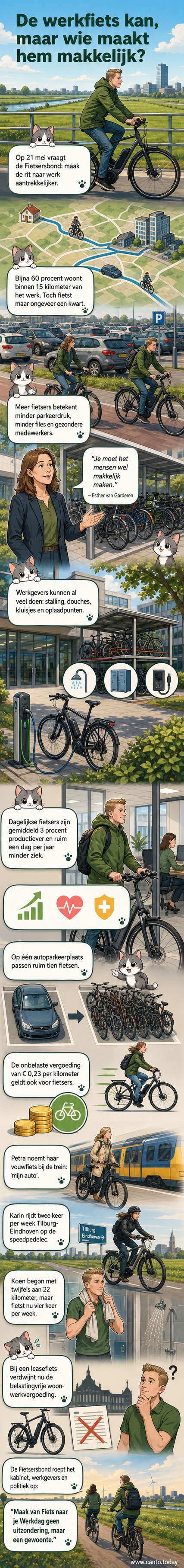 Illustratie van een bedrijventerrein met tientallen fietsen tegenover één auto, met een werknemer die fris aankomt op een elektrische fiets.