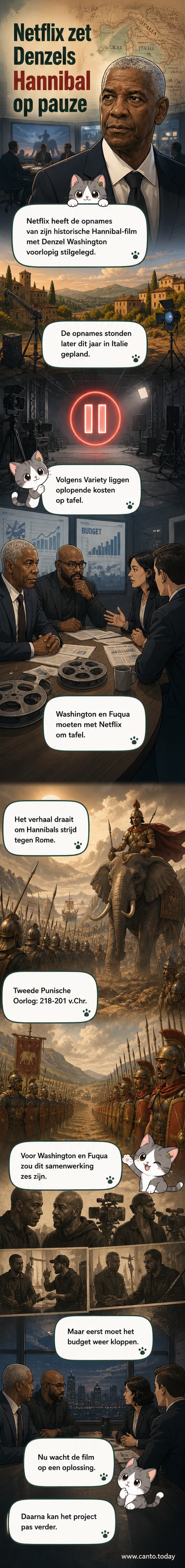 Illustratie van Denzel Washington als generaal Hannibal op paardenrug, met een stilgelegd filmset erachter en een bord met 'paused' erop.