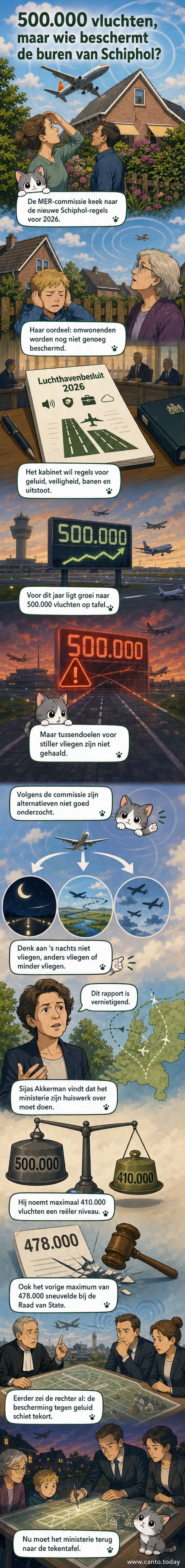 Illustratie van een vliegtuig boven Schiphol met een geluidsgolf en een bord met '500.000 vluchten' dat in stukken valt, met huizen in de omgeving.
