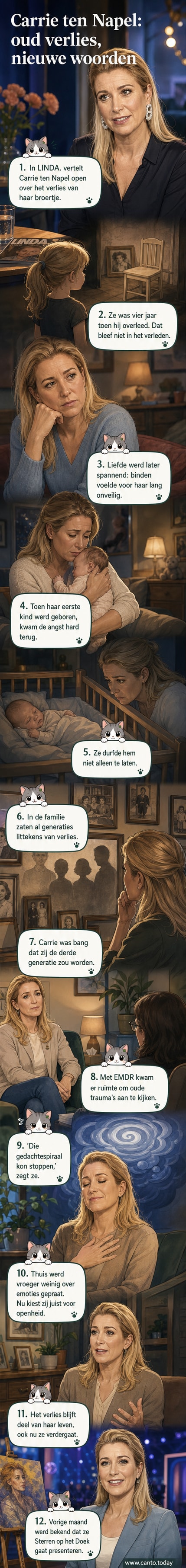 Carrie ten Napel kijkt ernstig, met een zachte achtergrond die rouw en reflectie uitstraalt.
