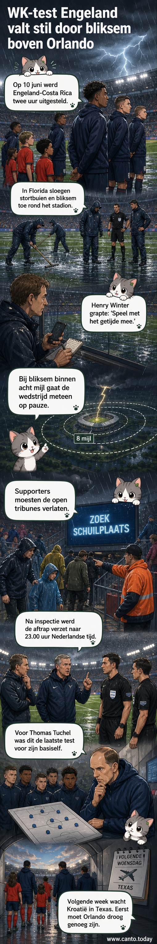 Bijna leeg stadion in Orlando tijdens hevige regenbui, met ondergelopen grasveld en donkere lucht boven de tribunes.