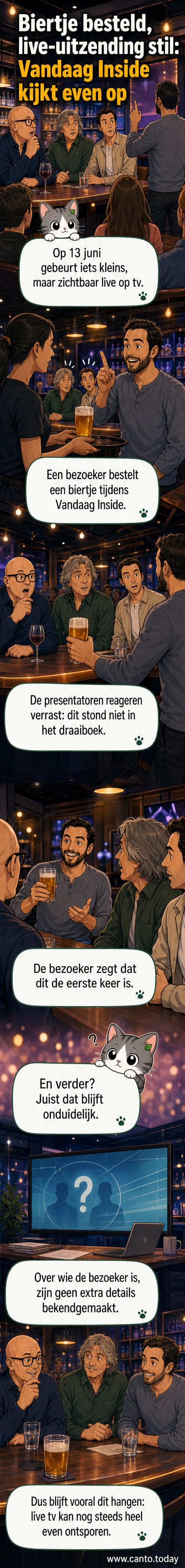Illustratie van een glimlachende bezoeker in een tv-studio die een biertje ontvangt, terwijl presentatoren verbaasd kijken.