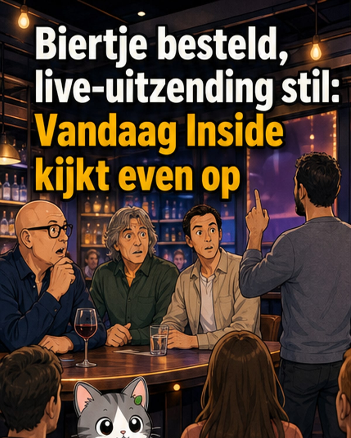 Illustratie van een glimlachende bezoeker in een tv-studio die een biertje ontvangt, terwijl presentatoren verbaasd kijken.