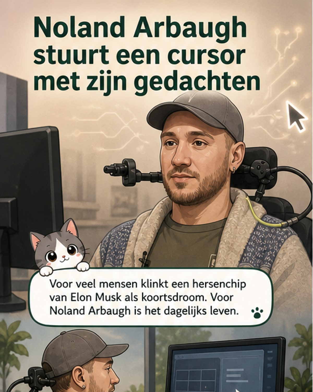 Illustratie van een man met een hersenchip die met zijn gedachten een scherm bedient, terwijl een Neuralink-logo zachtjes gloeit in de achtergrond.
