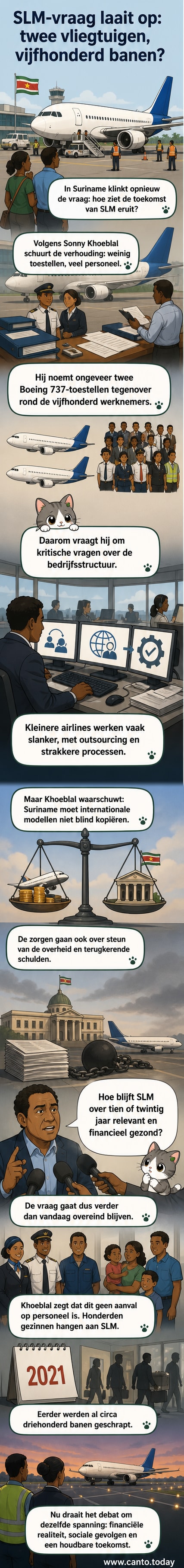 Illustratie van een Surinam Airways-vliegtuig met een groot personeelsteam op de achtergrond, symboliserend de discussie over efficiëntie en personeelsomvang.