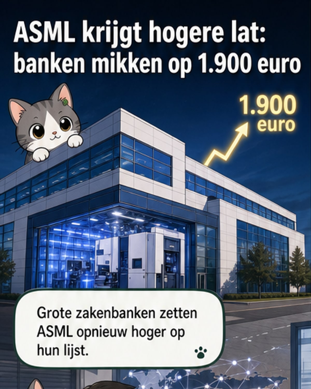 Illustratie van een ASML EUV-machine in een cleanroom, met grafieken die stijgende koersdoelen tonen en banklogo's van Barclays en Bank of America.