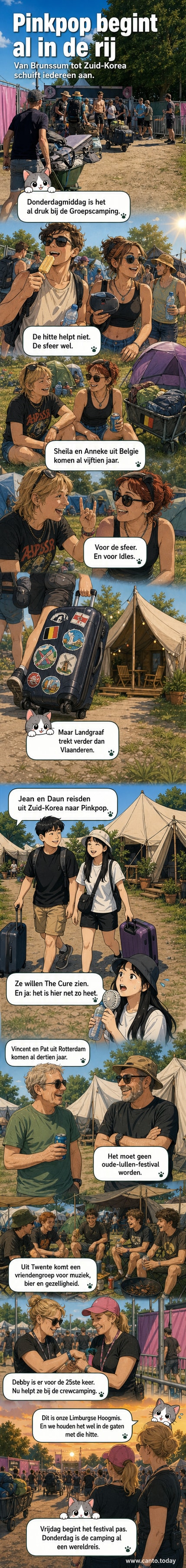 Bezoekers arriveren met tassen, tenten en bolderwagens op de Pinkpop-camping, onder een zwoele middagzon.