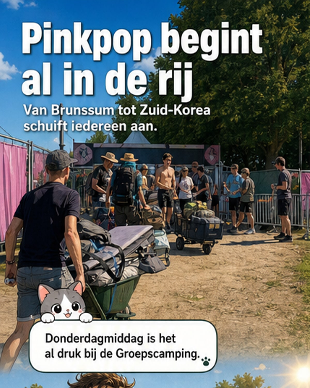 Bezoekers arriveren met tassen, tenten en bolderwagens op de Pinkpop-camping, onder een zwoele middagzon.