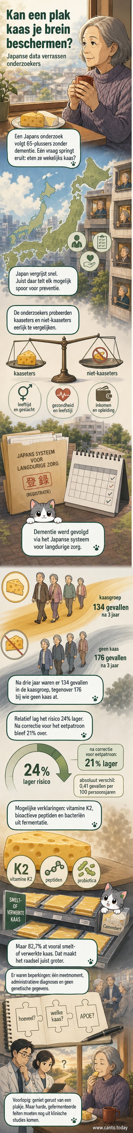 Illustratie van een oudere persoon die kaas eet, met een doorzichtige hersenvisualisatie die gezonde verbindingen toont.