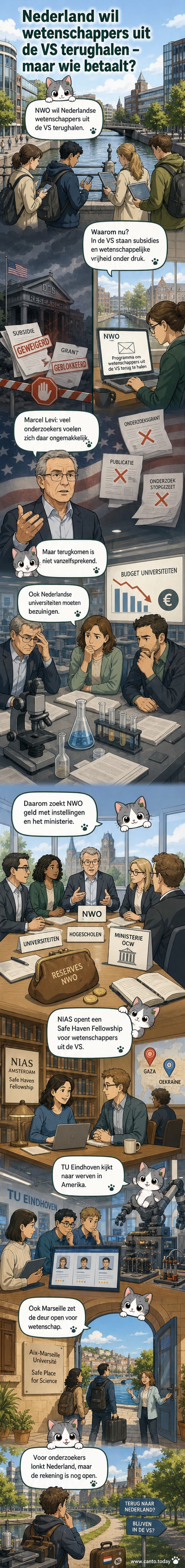 Illustratie van een Nederlandse wetenschapper die terugkeert van een Amerikaanse campus naar een Nederlandse universiteit, met een koffer vol onderzoeksdata.