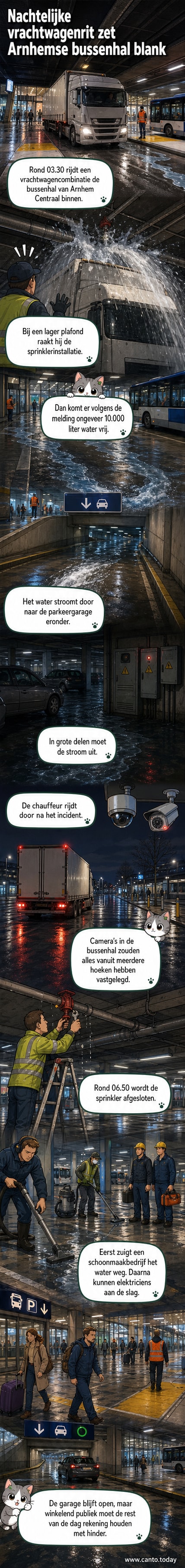 Een beschadigde sprinklerleiding hangt onder een laag plafond in een bussenhal, met natte vloer en sporen van waterschade eronder.