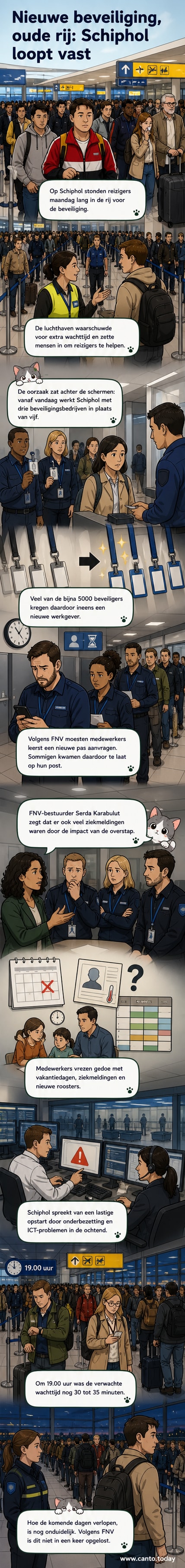 Lange rijen mensen bij de beveiligingscontrole op Schiphol, met personeel dat informatie verspreidt.