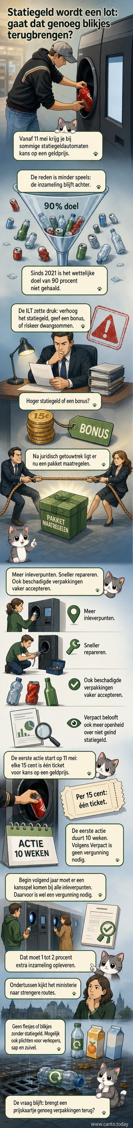Een persoon geeft een blikje in bij een statiegeldautomaat, terwijl op een scherm 'kans op winst' verschijnt.