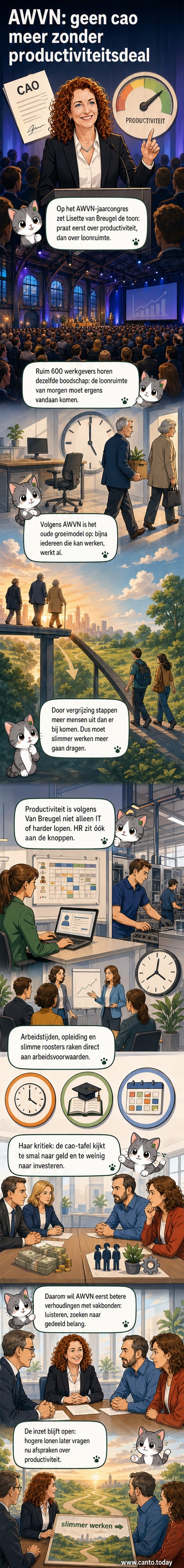 Illustratie van een vergaderzaal met werkgevers en HR-professionals die een grafiek over productiviteit bespreken, met de titel 'Geen cao zonder productiviteitsplan'.