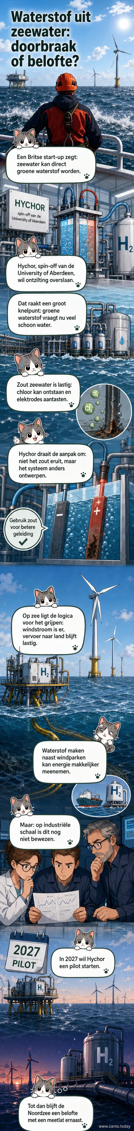 Illustratie van een offshore windpark boven de Noordzee, met een onderwaterinstallatie die waterstof produceert uit zeewater.