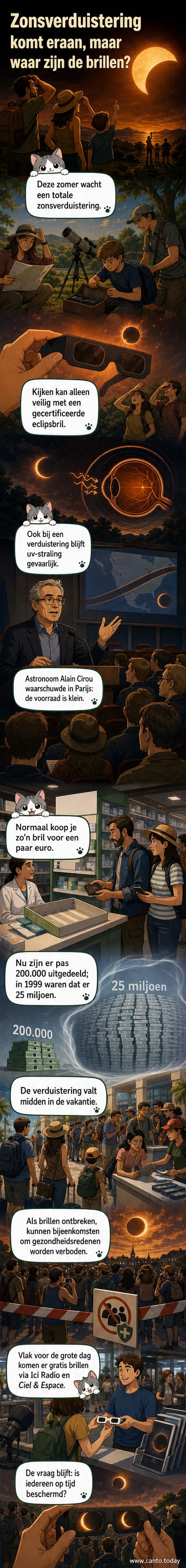 Illustratie van iemand die een zonsverduistering probeert te bekijken zonder eclipsbril, met waarschuwingsicoontjes voor oogbeschadiging.