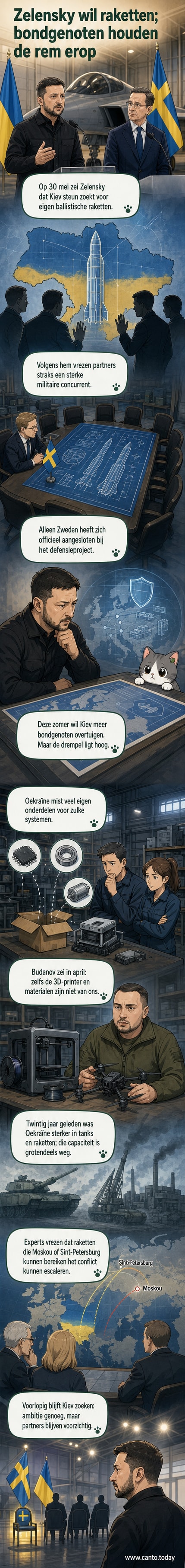Illustratie van een Oekraïens officier die een raketontwerp presenteert, terwijl westerse bondgenoten aarzelend reageren.