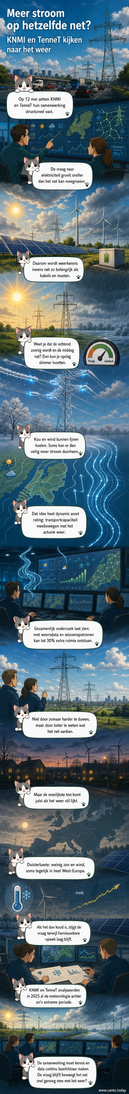Illustratie van een hoogspanningsmast in wisselend weer: zon, regen, wind en sneeuw, met datastroom ernaar toe.