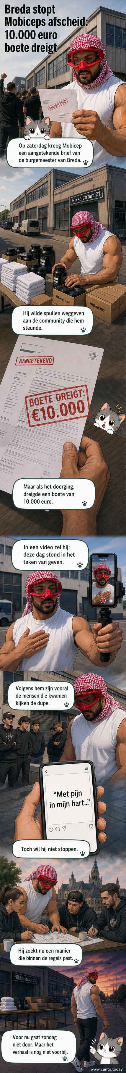 Een afbeelding van een lege zaal met een bord 'Event afgelast' en een envelop met een officiële brief ernaast, terwijl buiten een kleine menigte teleurgestelde bezoekers staat.