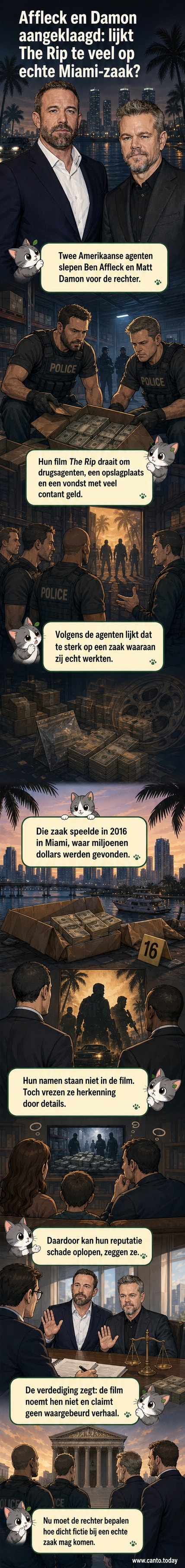 Twee acteurs in politiekostuum staan tegenover een rechter, met een filmrol op de achtergrond en een krant met het opschrift 'Smaadzaak'.