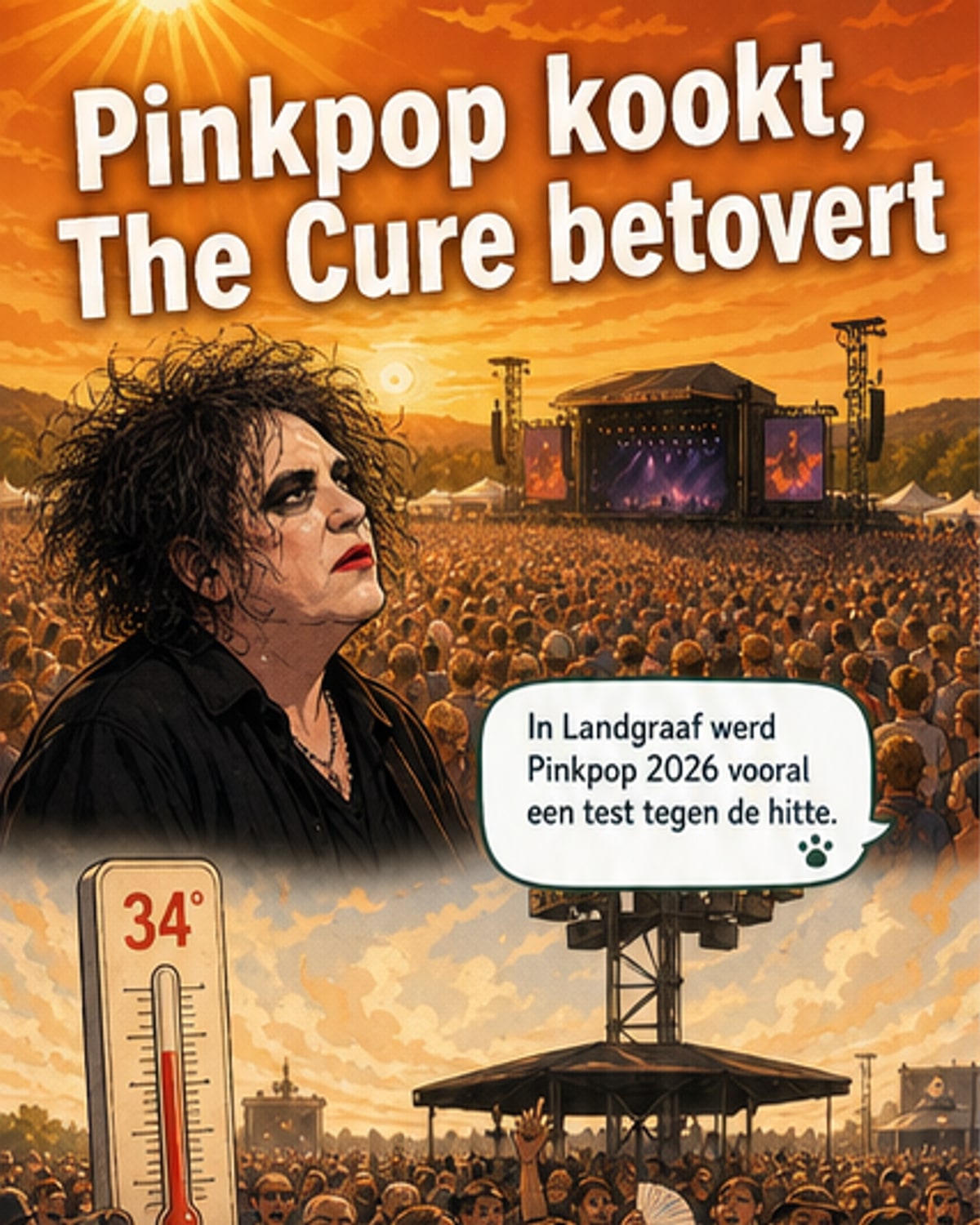 Robert Smith van The Cure op het podium tijdens Pinkpop 2026, omgeven door licht en publiek onder een strakke lucht.