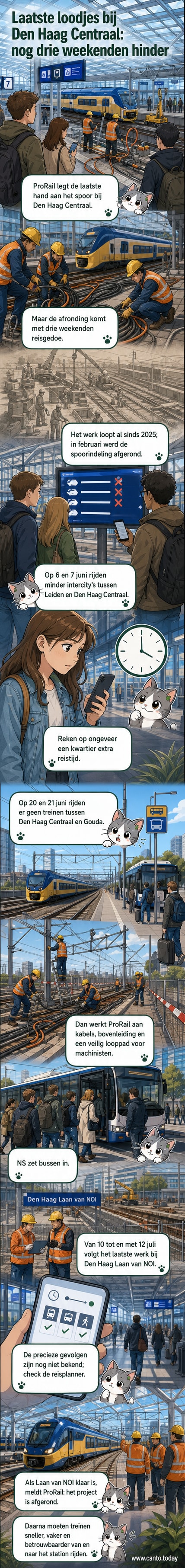 Spoorwegwerkers bij station Den Haag Centraal, met rails en bovenleiding in beeld, tijdens de laatste fase van de vernieuwing.