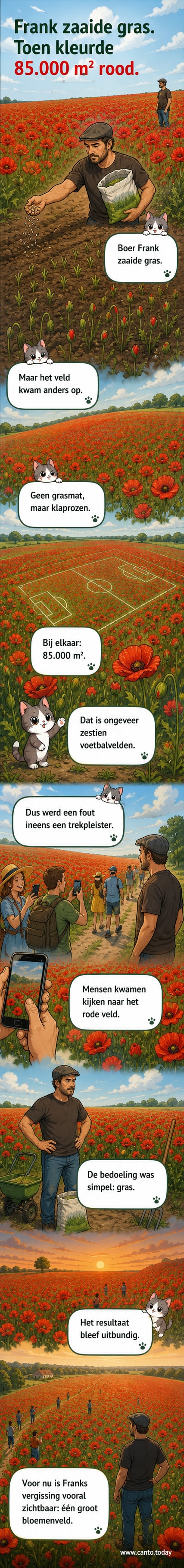 Een boer kijkt verbaasd over een gloednieuw, uitgestrekt klaprozenveld dat zich uitstrekt tot aan de horizon, terwijl zijn tractor nog in het midden van het veld staat.
