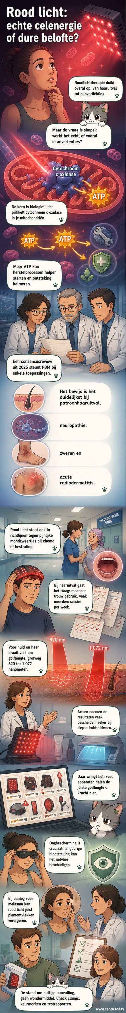 Illustratie van roodlicht dat cellen 'oplader' via mitochondriën, met focus op enzymactivering en ATP-productie.