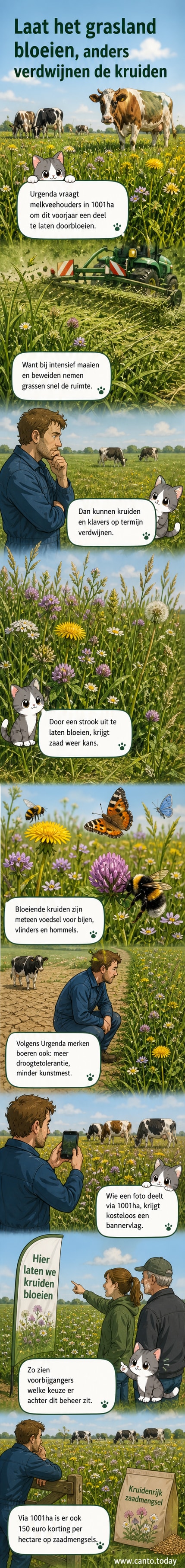 Een weide met bloeiende kruiden en klavers, met op de achtergrond een boer met een bannervlag in de hand.