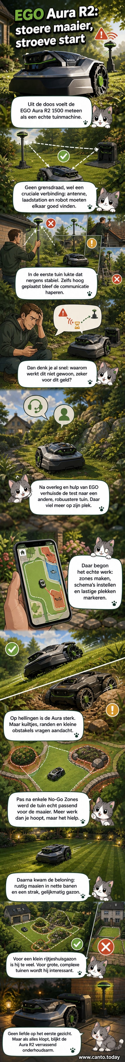 Een robuuste, zilvergrijze robotmaaier met grote wielen en sensoren rijdt over een goed onderhouden gazon met lichte helling.