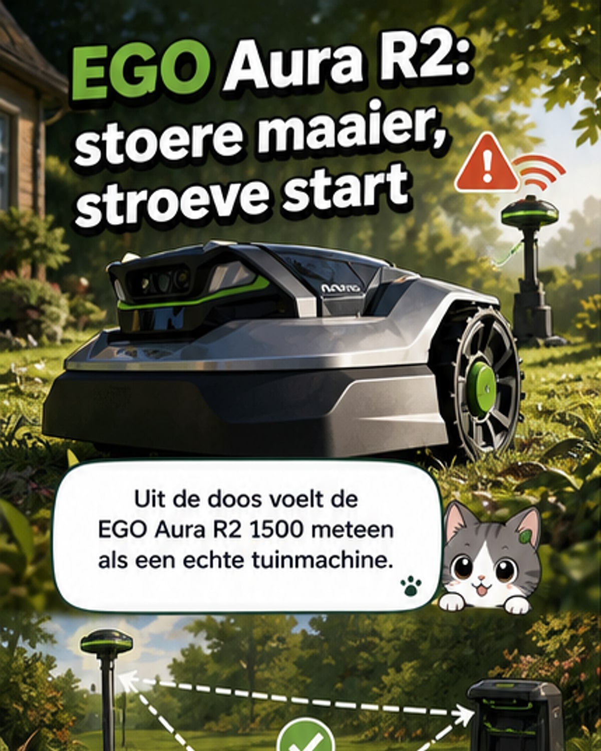 Een robuuste, zilvergrijze robotmaaier met grote wielen en sensoren rijdt over een goed onderhouden gazon met lichte helling.