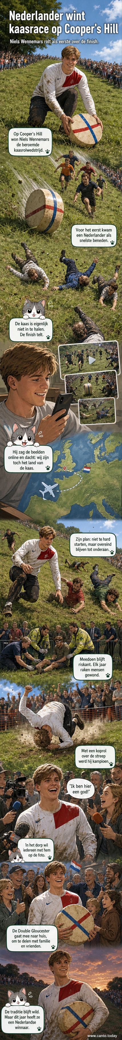 Een jonge man in sportkleding rolt met een grote kaas over de schouder over de finish op een grasheuvel, publiek kijkt toe.