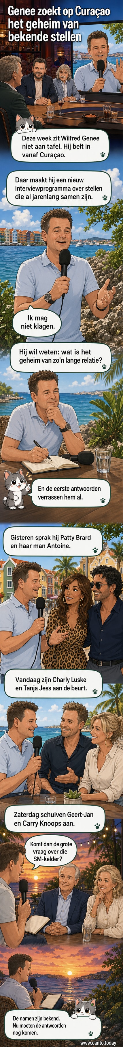 Wilfred Genee glimlacht in een liveverbinding vanuit Curaçao, met beelden van bekende stellen op de achtergrond.
