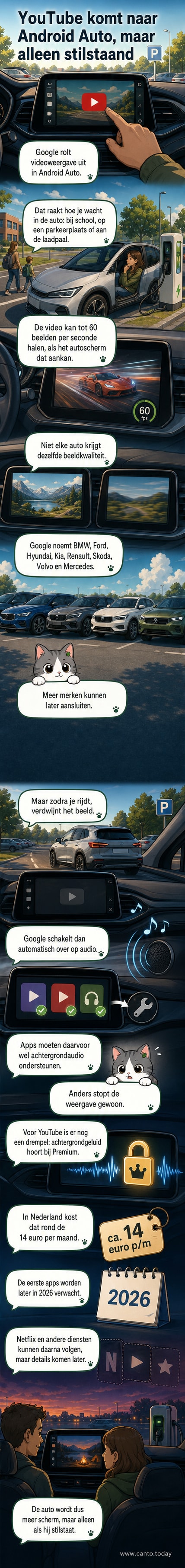 Een dashboardweergave van Android Auto met YouTube-video op het scherm, met de melding 'alleen beschikbaar bij stilstand'.