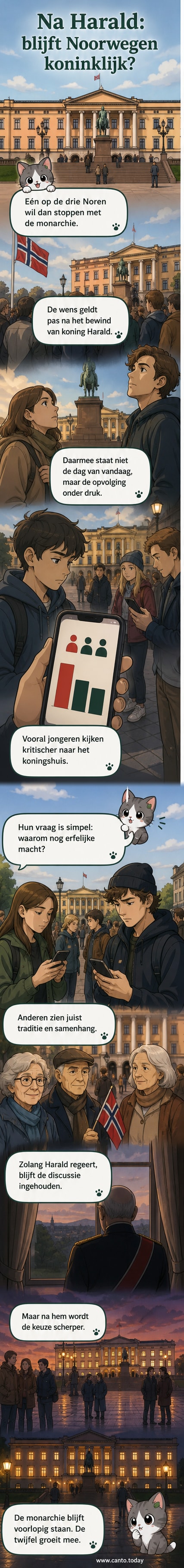 Illustratie van een Noorse kroon die langzaam vervloeit in een stemlokaal, met jongeren die een republikeinse toekomst bespreken.