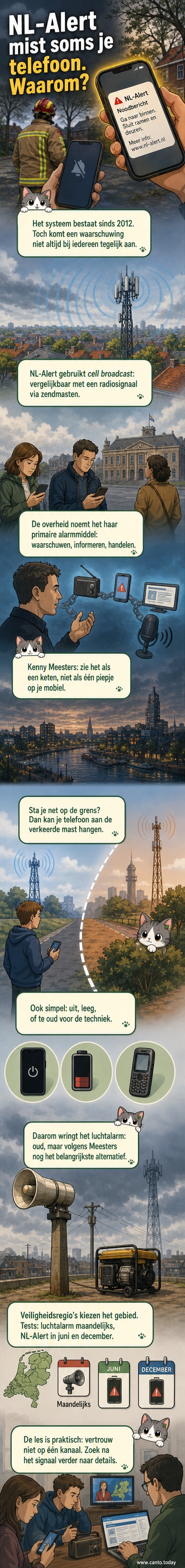 Een mobiel scherm met een NL-Alert waarschuwing, omgeven door pictogrammen van zendmasten, een sirene en een oude en nieuwe telefoon.
