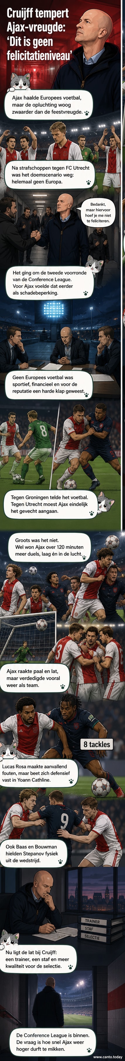 Jordi Cruijff loopt door het Kras Stadion, met een nuchtere blik, terwijl fans en collega's hem gefeliciteerd hadden voor de Conference League-kwalificatie.