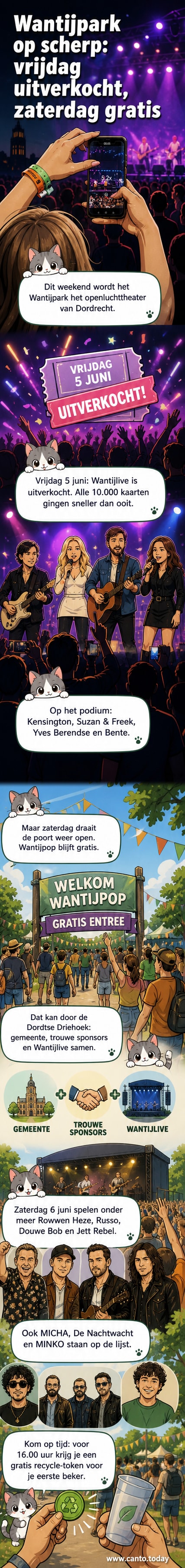Muziekfestival in het park met publiek onder blauwe lucht, podium met artiest en lichteffecten.