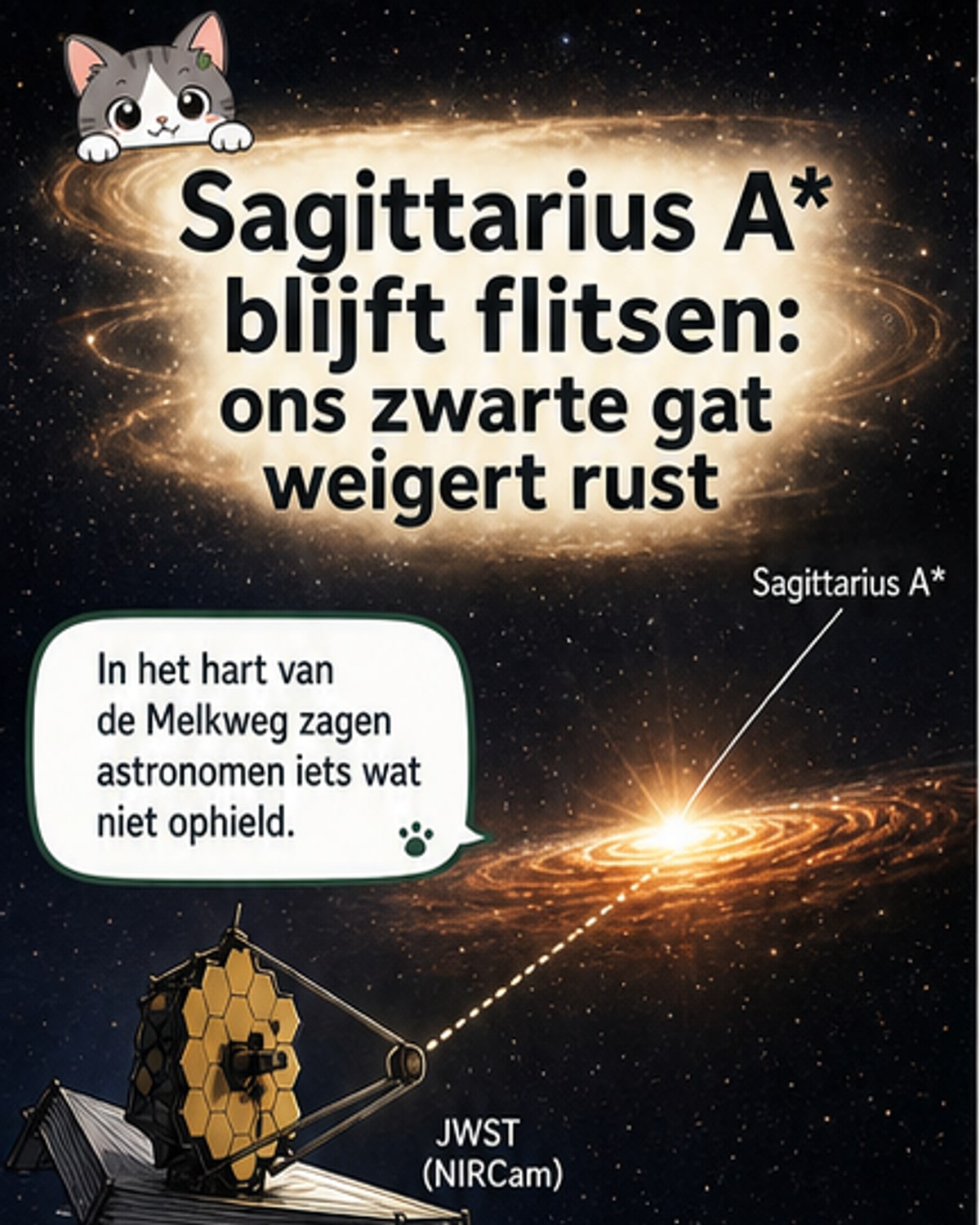 Illustratie van het centrum van de Melkweg met Sagittarius A*, omgeven door een actieve accretieschijf die continue lichtflitsen uitzendt, gefotografeerd door de James Webb-ruimtetelescoop.
