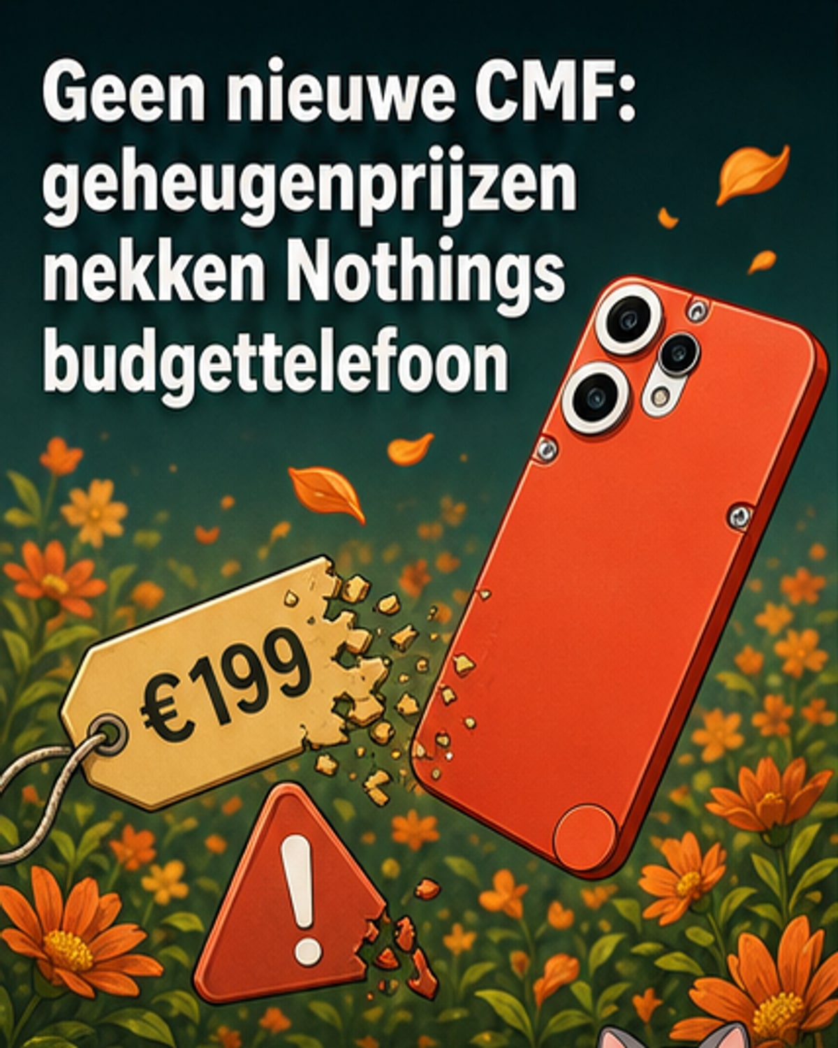Illustratie van een telefoon die op een werkbank ligt met een prijskaartje dat naar boven wijst, omringd door chips en een AI-symbool.