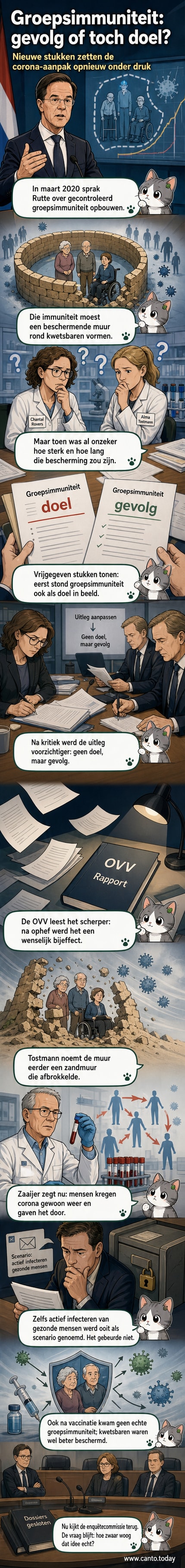 Illustratie van een zandmuur die afbrokkelt, met daarachter een groep mensen. Symbolisch voor de instabiele hoop op groepsimmuniteit tijdens de coronapandemie.