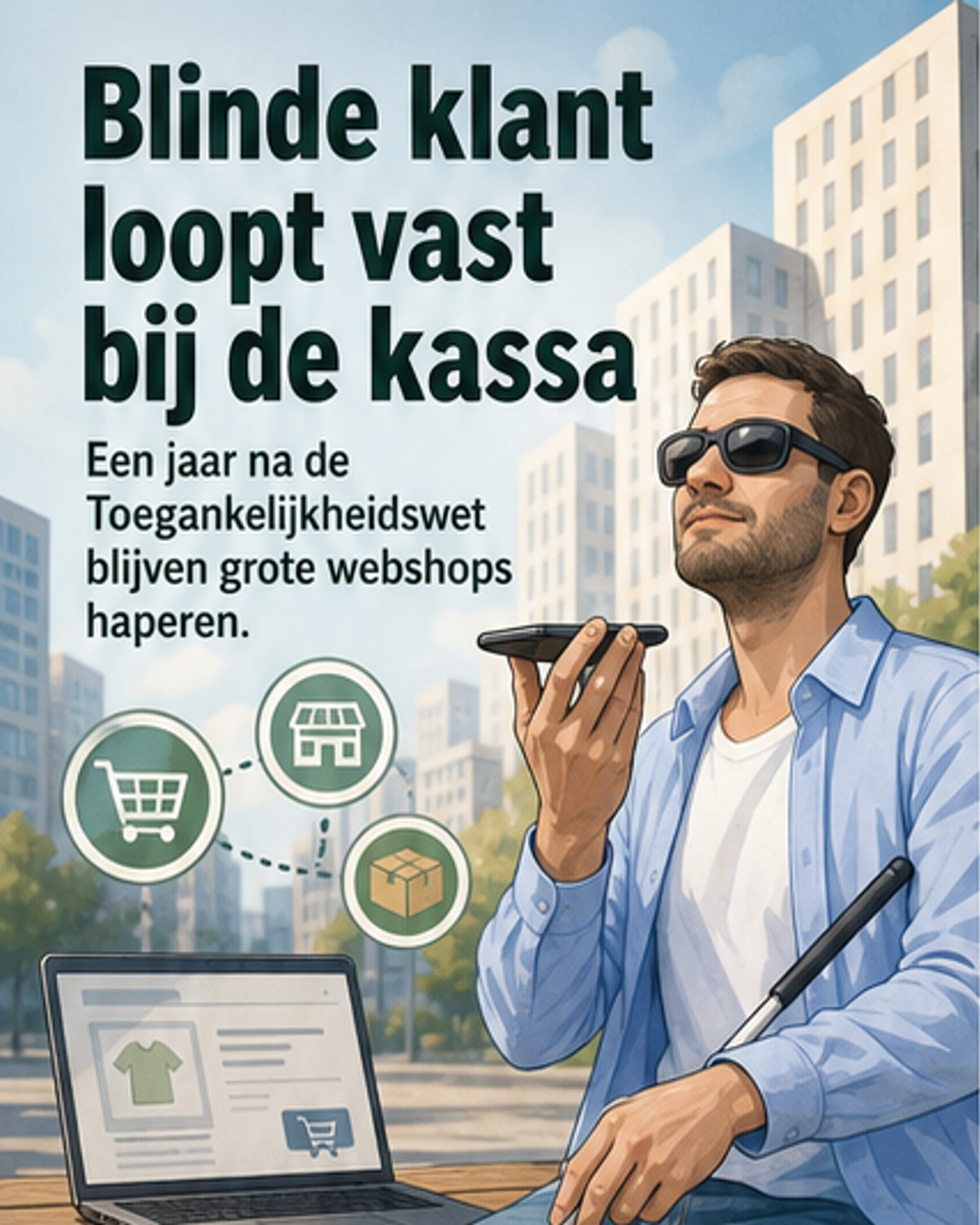 Illustratie van een persoon met een schermlezer die probeert te winkelen op een groot scherm met een onbereikbare webshopinterface.