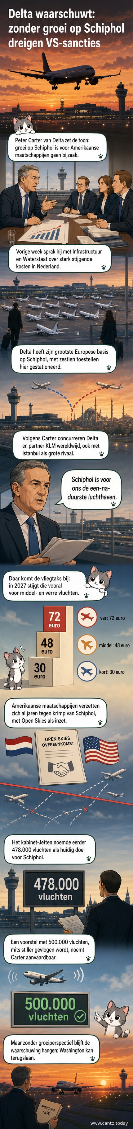 Illustratie van een Delta-vliegtuig op Schiphol met een waarschuwingsteken en een vergelijkende grafiek met Istanbul als groeiende concurrent.