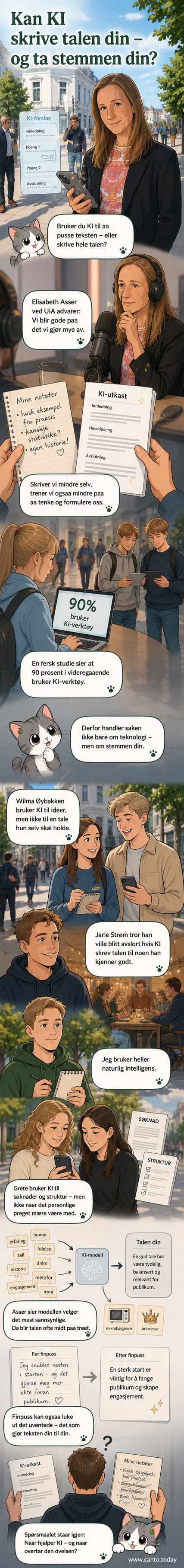 Illustrasjon av en person som skriver en tale for hånd, mens en annen tale flyter ut fra en datamaskin med KI-ikoner.