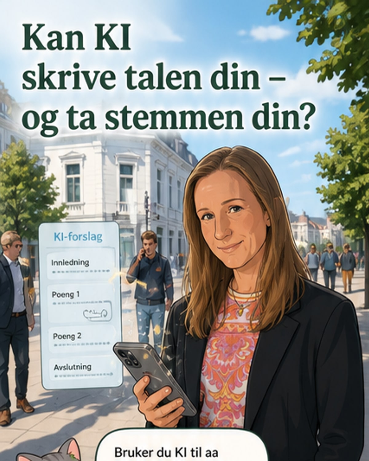 Illustrasjon av en person som skriver en tale for hånd, mens en annen tale flyter ut fra en datamaskin med KI-ikoner.